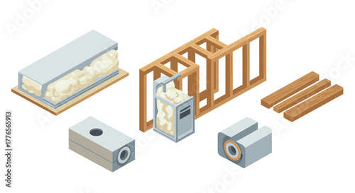Isometric construction elements with insulating foam and wooden frames