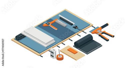 Home renovation tools and materials in isometric style for construction projects