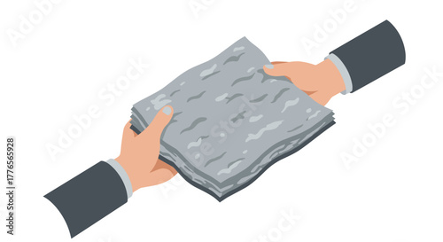 Hands holding a stack of papers in a flat business style illustration