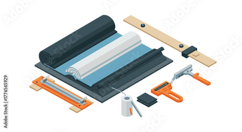Roofing tools and materials in isometric style for construction projects