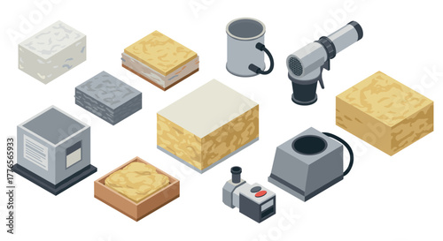 Isometric industrial equipment and material blocks for construction and manufacturing