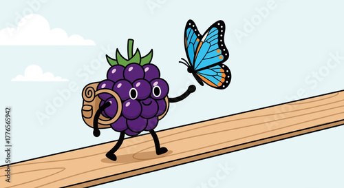 A Cheerful Berry Character Strolls Towards Butterfly On A Sloping Boardwalk