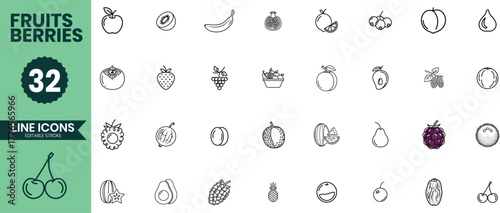 Fruits and Berries Line Icons Set – Outline Vector Collection of Fresh Fruit and Berry Symbols