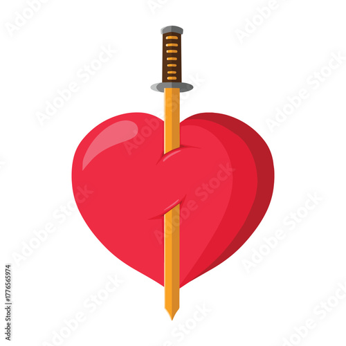 A vibrant red heart is pierced vertically by a golden sword with a brown hilt, symbolizing heartbreak or betrayal.