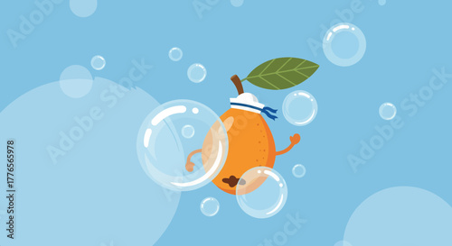 A Cheerful Orange Character Amongst Bubbles Creating a Playful and whimsical scene