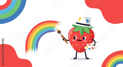 A Cheerful Strawberry Artist Painting A Rainbow With Charm And Imaginative Flair