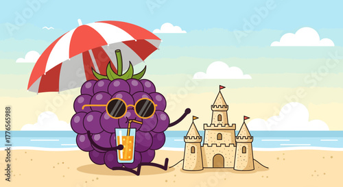 A Cheerful Blackberry Enjoying Sun And Sipping Drink Beside Sandcastle On Beach