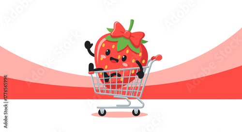 A Cheerful Strawberry Character Enjoys a Shopping Cart Ride with Joyful Glee