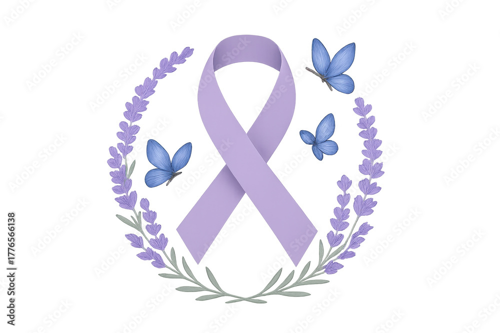 Fototapeta premium Purple ribbon symbol of awareness, surrounded by lavender flowers and butterflies. Transparent background