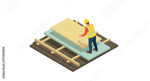Isometric construction worker inspecting building materials on site