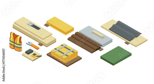Isometric building materials and tools set for construction and design projects