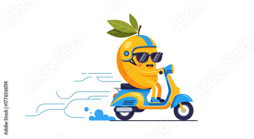 A Cheerful Citrus Rides a Scooter, Delivering Joy and Sunshine on a Sunny Day