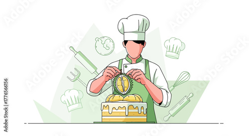 A Confectioner Decorates A Cake Featuring Exotic Durian Fruit Illustration