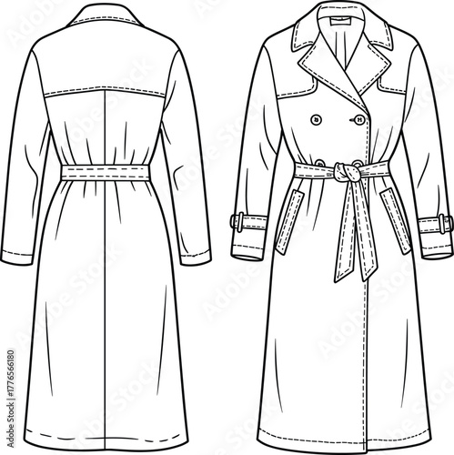Classic belted trench coat technical fashion flat sketch, long sleeve double-breasted outerwear with collar and pockets, stylish apparel design illustration