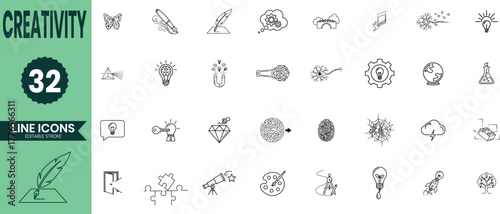Creativity Line Icon Set – Idea, Imagination, Innovation, and Artistic Inspiration Vector Collection