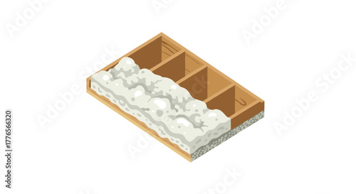 Insulated wooden beam with foam layers in isometric design for energy efficient construction