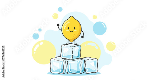 A Cheerful Lemon Character Stands Proudly atop Towering Ice Cubes On a White Backdrop