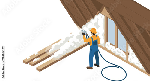 Worker applying insulation foam in attic space
