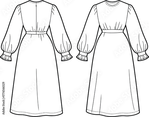 Elegant long sleeve maxi dress flat sketch, round neck women’s fashion design with fitted waist and ruffle cuffs, apparel illustration