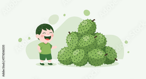 A Cheerful Kid With a Stack of Fresh Soursop Fruits in a Playful Cartoon Illustration