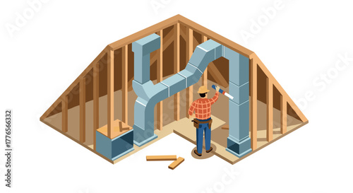 Construction worker measuring ductwork in attic with modern isometric style
