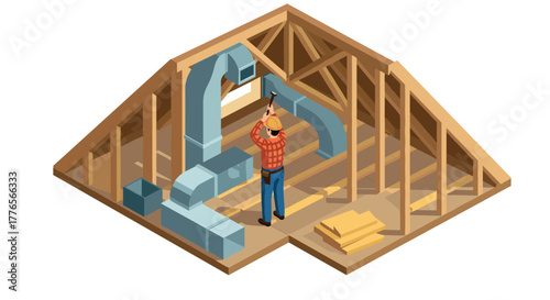 Worker installing hvac system in home attic with wooden frame isometric design