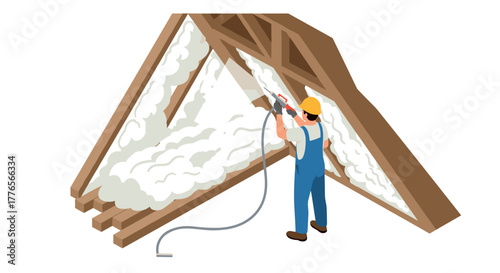 Isometric roof insulation with spray foam by construction worker
