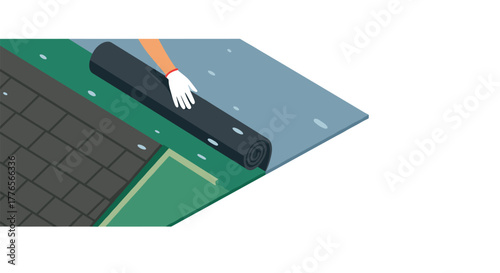 Roof installation with waterproof membrane in flat design