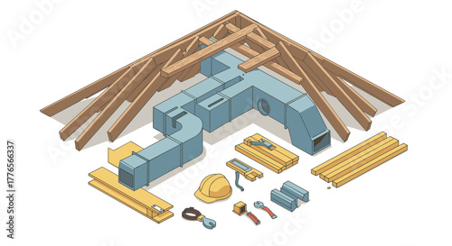 Building construction elements in isometric style featuring roof truss and hvac system components