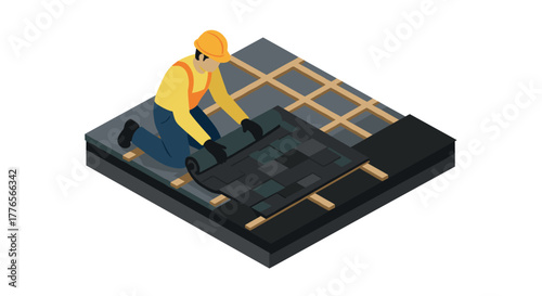 Isometric worker installing roof with black shingles and safety gear