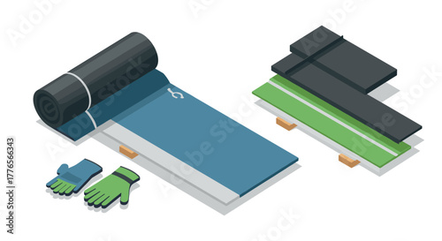 Home gym setup with yoga mat and exercise accessories in isometric design