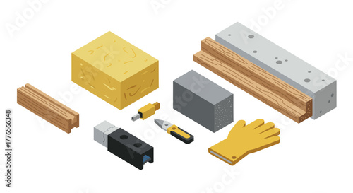 Isometric construction tools and materials set for building and carpentry projects