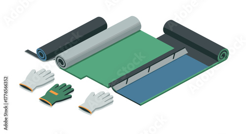 Isometric roofing tools and materials rolled insulation, gloves, and squeegee arrangement