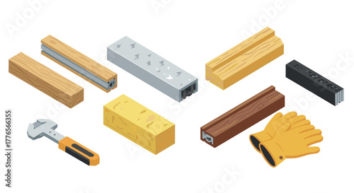 Set of construction and repair tools with metal and wooden beams in 3d style