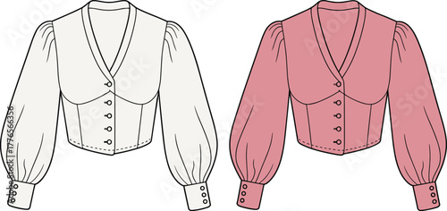 Elegant vintage blouses illustration, fashionable women’s button-up tops with puff sleeves, classic V-neck design, stylish feminine clothing vector art