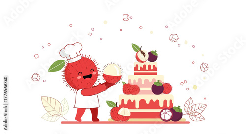 A Cheerful Lychee Chef Decorates a Delightful Cake with Freshly Sourced Fruits