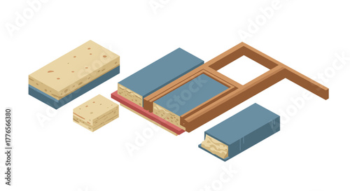 Isometric layers of building insulation materials and wall cross section diagram