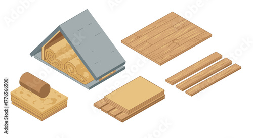 Isometric building materials set with timber, planks, and insulation