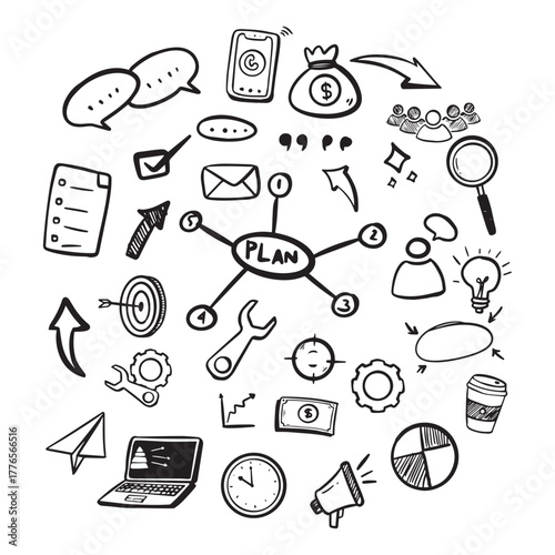 A circular mind map illustrating business planning with various icons representing strategy, finance, communication, and execution.