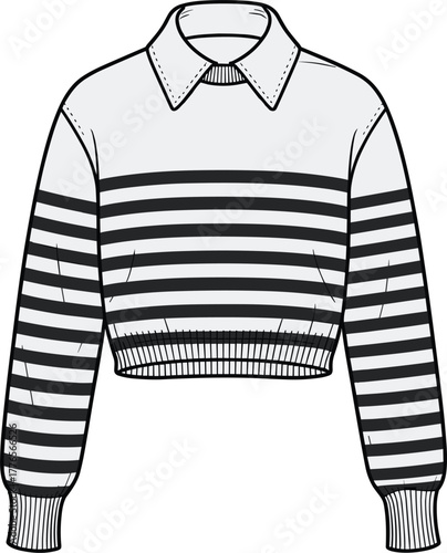 Trendy cropped striped sweater with collared neckline, modern knitwear fashion design illustration, stylish casual winter apparel clothing template for women fashion