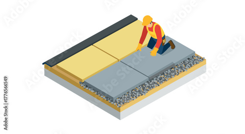 Isometric construction worker installing concrete pavers on layered foundation