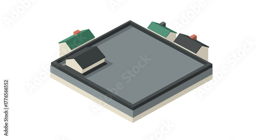 Minimalist isometric design of small houses around a central square