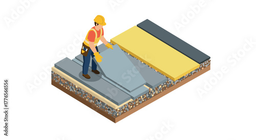 Isometric construction worker applying insulation layer to building foundation