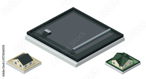 Modern isometric roofing design with houses and flat roof concept
