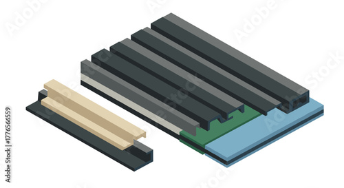 Isometric industrial conveyor components on white background