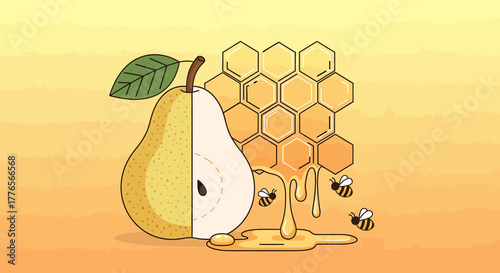 A Delightful Illustration Showcasing Fresh Pear, Honeycomb And Busy Bees