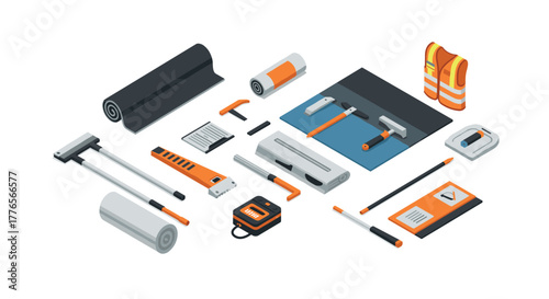 Isometric painting and renovation tools set with safety equipment and measuring instruments