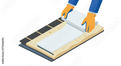 Isometric view of hands installing insulation panels in construction scene