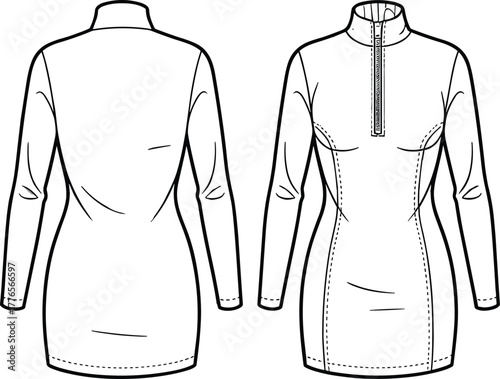 Women long sleeve pullover fashion flat sketch, half zip mock neck top technical drawing, slim fit apparel design illustration