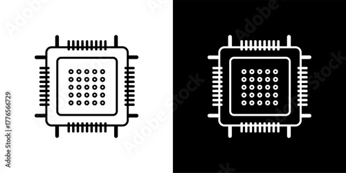 Flat line vector icon of a computer CPU or processor in a minimalist style, black stroke, white background.